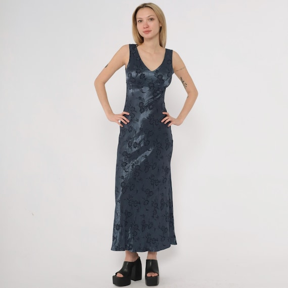 90s Floral Maxi Blue Gray Maxi Dress Floral Burnout Jacquard V Neck Column Dark Femme Grunge Alternative Evening Gown Vintage Y2K Small S
