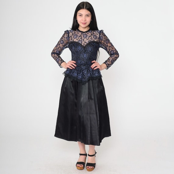 Vintage 80s Gunne Sax Formal Dress Black Lace Satin Floral Evening Midi Long Sleeve Party Sheer Sweetheart Neckline 1980s Extra Small xs
