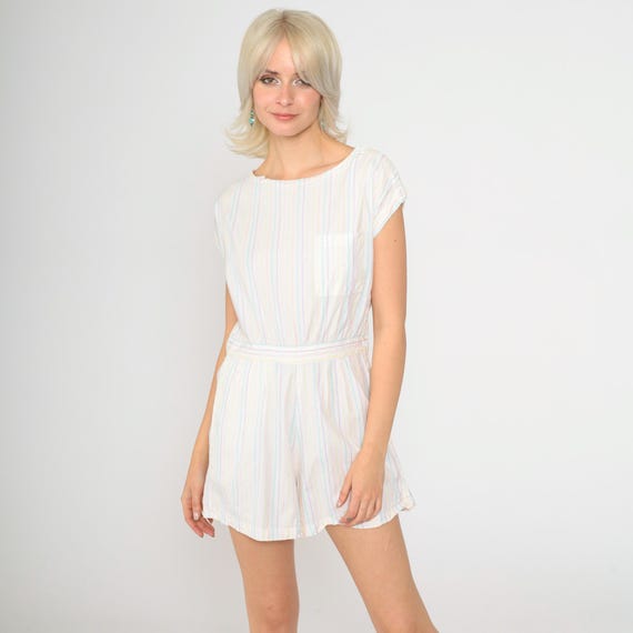 80s Rainbow Striped Romper Playsuit White Pastel One Piece Shorts Jumpsuit Cap Sleeve Vintage 1980s Summer Romper Small