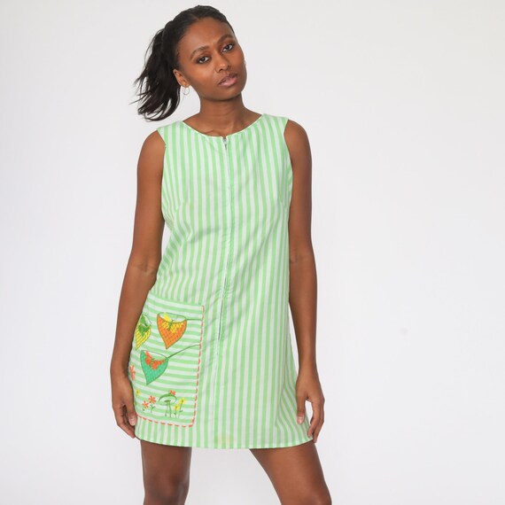Butterfly Catcher Dress 60s Mushroom Embroidered Mod Mini Dress Front Zip Striped Dress Vintage 70s Shift 1970s Sleeveless Minidress Medium