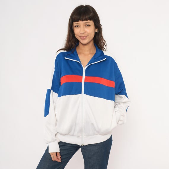 80s Color Block Track Jacket Pro Spirit Blue White Red Stripe Zip Front Windbreaker Sporty Athletic Warm Up Coat Large L