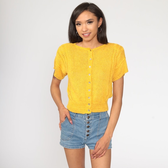 Golden Yellow Top Cardigan Shirt Boho Blouse 90s Short Sleeve Sweater Festival 1990s Vintage Knit Hippie Bohemian Small Medium