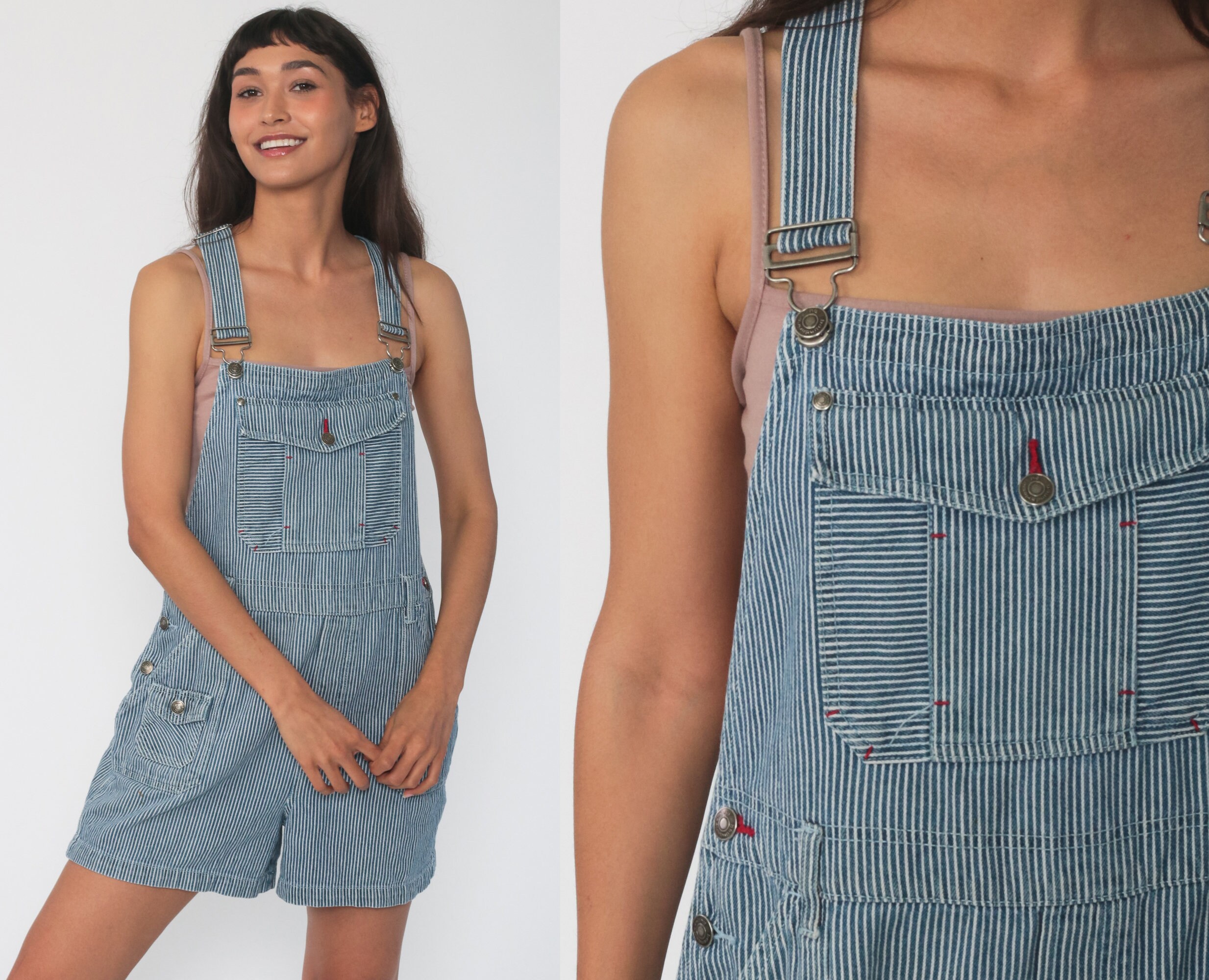 blue and white striped overall shorts