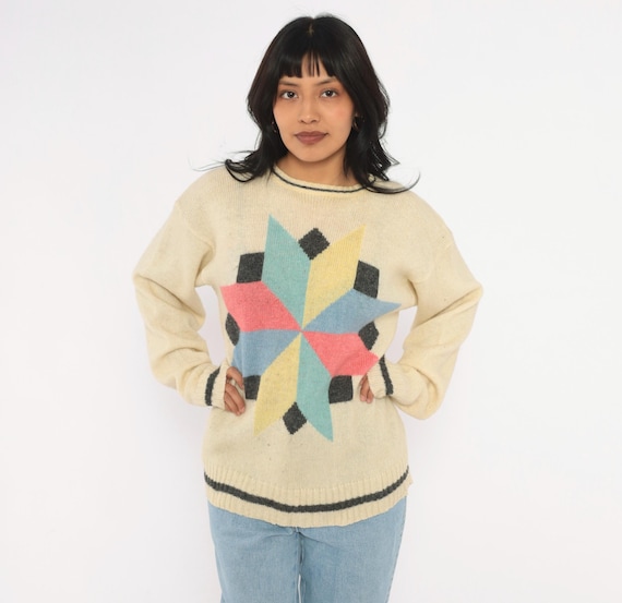 80s Cream Wool Sweater Geometric Star Quilt Pattern Knit Pink Blue Yellow Gray Stripe Long Sleeve Boxy Slouchy Grandpa Knitwear Top Large L