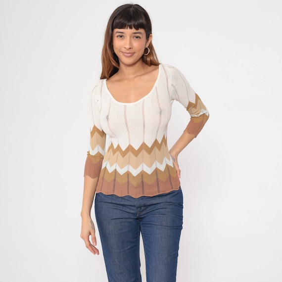 Zig Zag Knit Top 90s Tight Striped Sweater Sheer Cutwork Pointelle Knit Shirt Scalloped Pullover Boho White Brown Vintage 1990s Small S