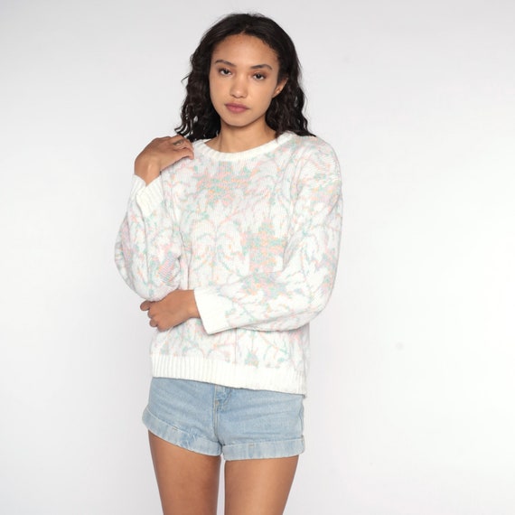 Geometric Leaf Sweater 80s White Sweater Pastel Knit Slouchy Pullover Jumper Abstract 1980s Vintage Retro Acrylic Medium