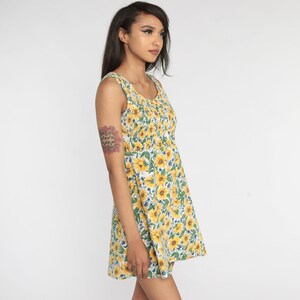 Floral Summer Dress 90s Sunflower Print Smocked Mini Dress Boho Babydoll Sundress Hippie Sun Dress Sleeveless Vintage 1990s Small Medium image 3