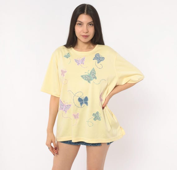 Butterfly Applique Top 90s Embroidered Blouse Yellow Pastel Floral Patchwork Cotton Boxy Crew Neck Short Sleeve Tee Vintage Extra Large XL