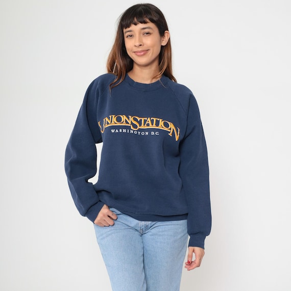 Union Station Sweatshirt Washington DC 90s Navy Blue Crewneck Embroidered Raglan Pullover Vintage Tourist Souvenir Athletic Extra Large XL