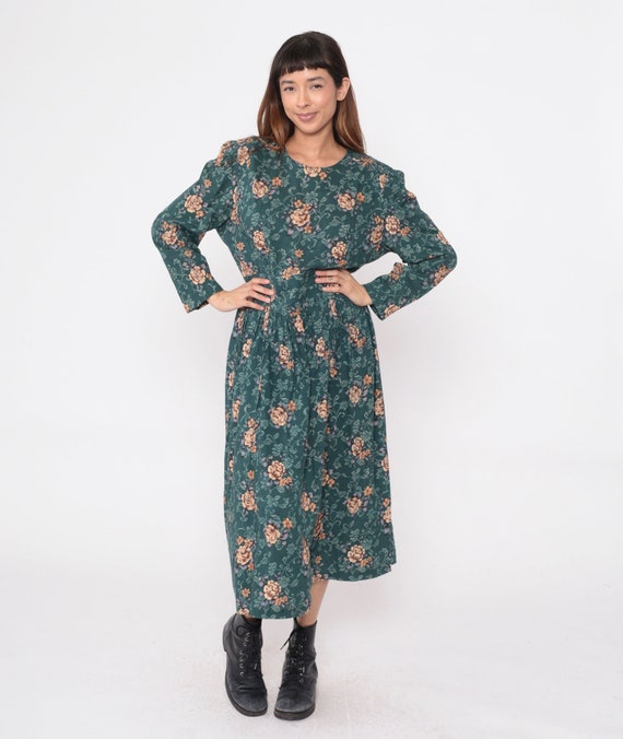 90s Floral Dress Green Drop Waist Multicolored Ankle Length Midi 1990s Rayon Flower Patterned Long Sleeve Vintage Extra Large xl 16