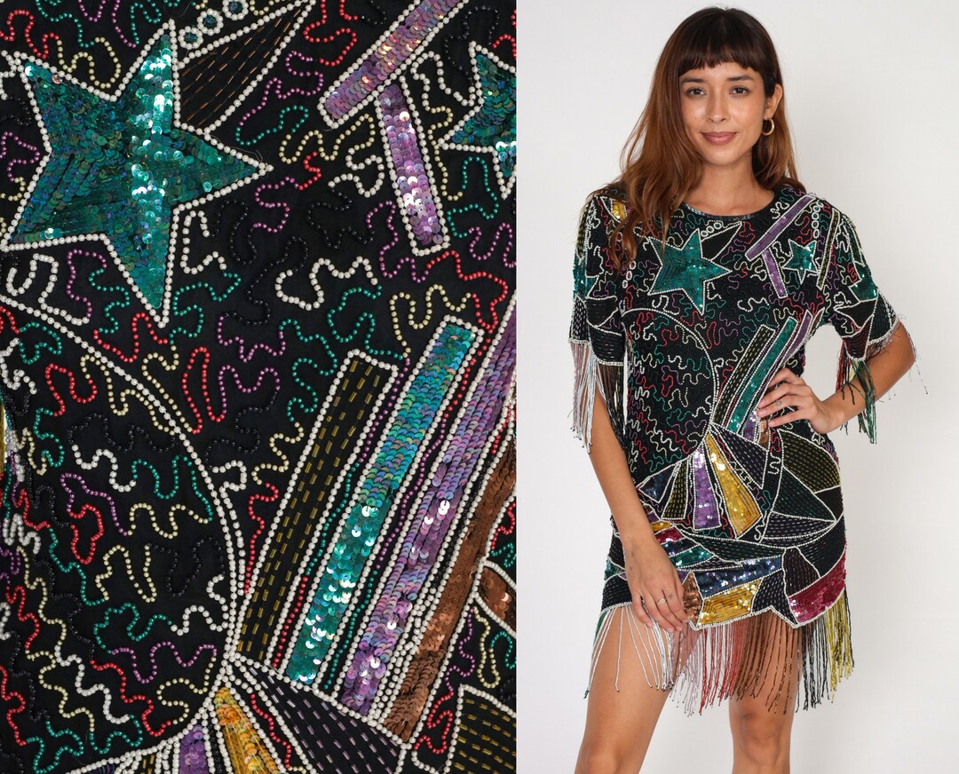 Beaded Silk Dress 80s Party Dress Sparkly Fringe Mini Glitter Star Moon
