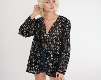 Glitter Animal Print Jacket 90s Sheer Black Open Front Blazer Metallic Leopard Cheetah Burnout Formal Cocktail Party Vintage 1990s Large L