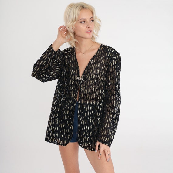 Glitter Animal Print Jacket 90s Sheer Black Open Front Blazer Metallic Leopard Cheetah Burnout Formal Cocktail Party Vintage 1990s Large L