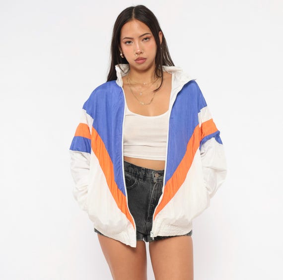 90s Colorblock Windbreaker Purple Orange White Chevron Zip Front Jacket Longstreet Nylon Shell Striped Sleeve Vintage Coat Medium M