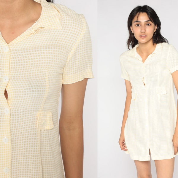 Yellow Mini Dress 90s Button Up Dress Checkered Print Sheath Shirtdress Casual Summer Day Short Sleeve Vintage 1990s Extra Small xs 2xs