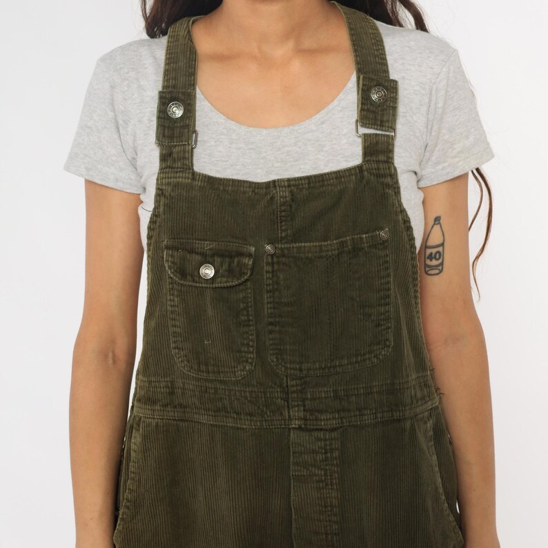 Overalls Button Texture Corduroy Overalls Shorts 90s Olive Green Army Khaki Dungarees Grunge ...