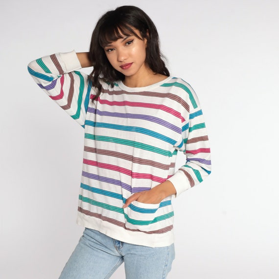 Striped Rainbow Shirt 80s Shirt Striped Blouse Sl… - image 3