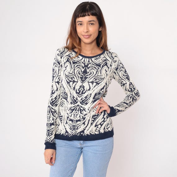 90s Damask Sweater Dark Navy Blue Cream Ivory Ornate Pattern Crew Neck Long Sleeve Cozy Pullover Knit Top Vintage Winter Gothic Medium M