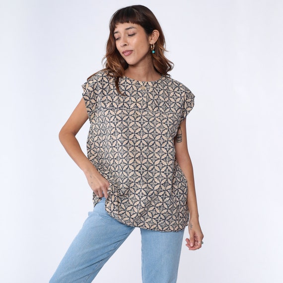 90s Geometric Shirt Tunic Top Abstract Pattern Button Up Blouse Retro Grunge Boho Top Short Cap Sleeve Navy Blue Vintage 1990s Medium Large