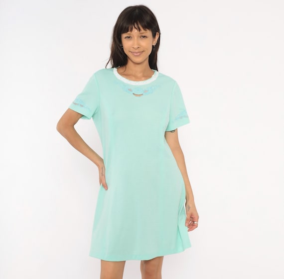 70s Mint Embroidered Shift Lace Dress Cutout Floral Aqua Green Pastel Feminine Cottagecore Summer Spring Pastel Coquette Vintage Large L