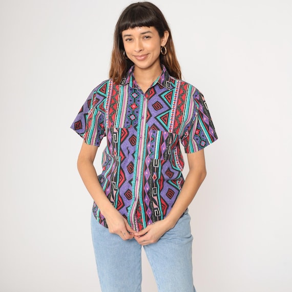 Vintage Wrangler Southwestern Shirt 90s Purple Button Up Top Collared Striped Western Print Rodeo Short Sleeve Blouse 1990s Women's Small