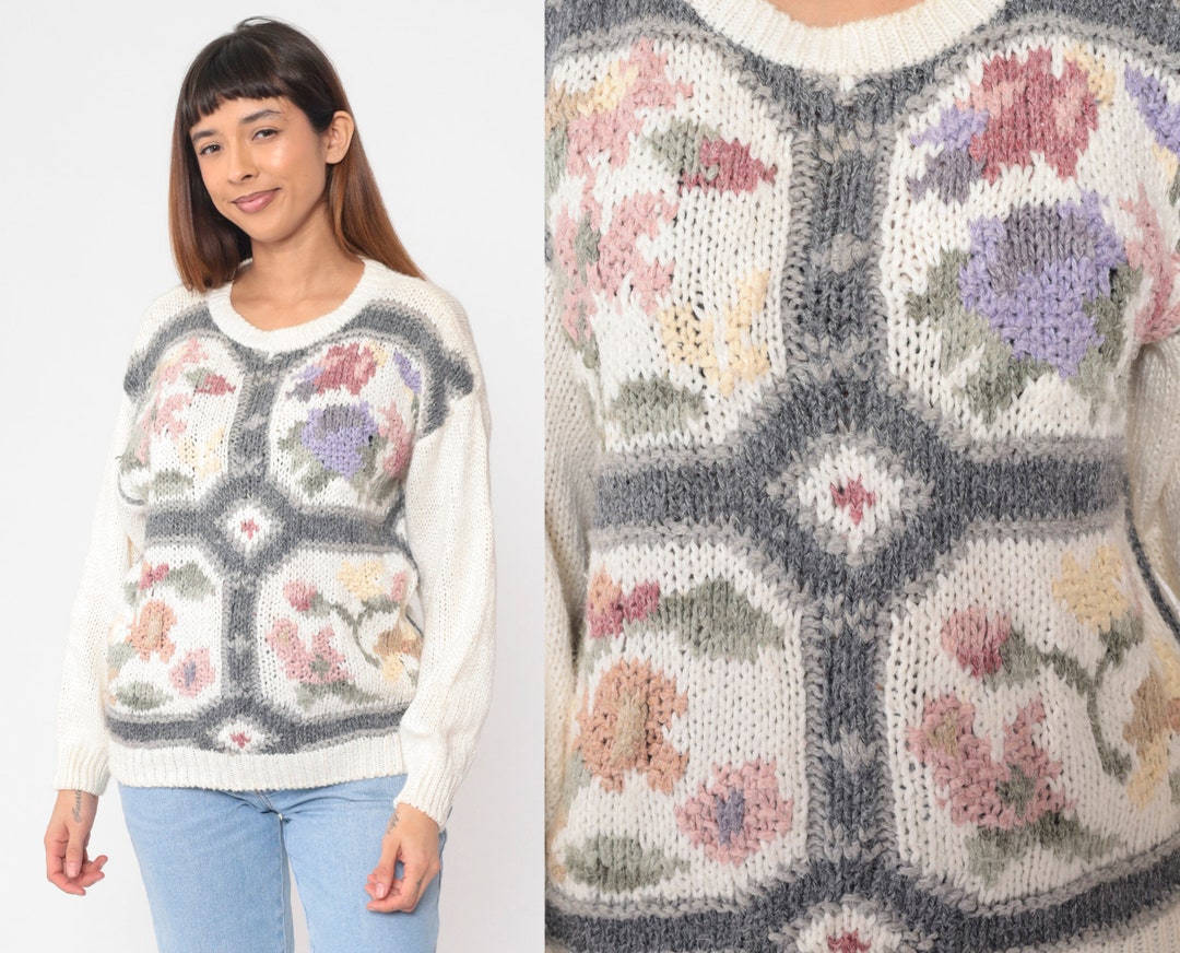 White Floral Sweater 80s Knit Pullover Sweater Boho Flower Print Jumper ...