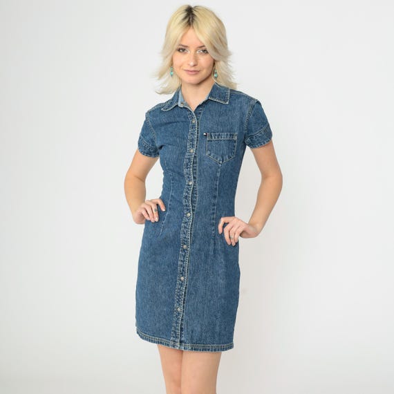 90s Denim Tommy Hilfiger Dress Button Up Blue Jean Dress 90s Denim Mini Dress Vintage 1990s Short Sleeve Collar Preppy Retro Extra Small xs