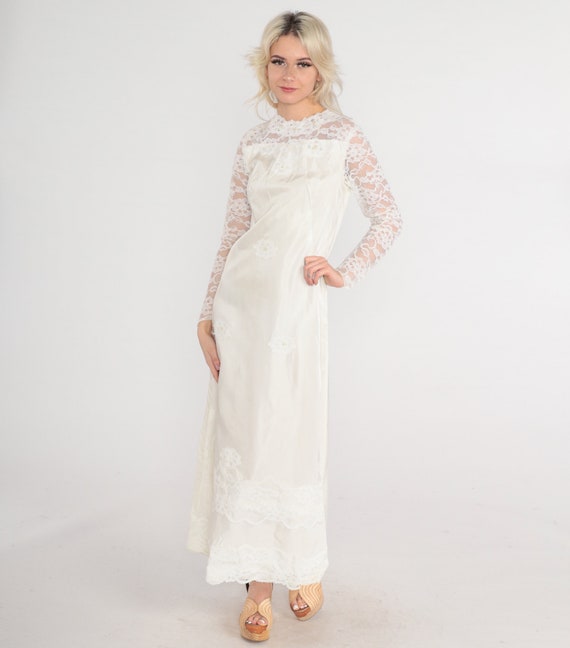 60s Wedding Dress Long White Lace Dress Beaded Sequin 1960s Maxi Bridal Gown Vintage Illusion Neckline Long Sleeve Scalloped Bow Small