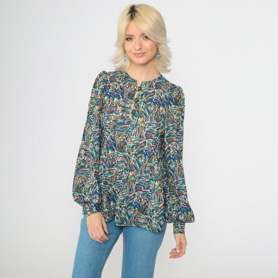 70s Puff Sleeve Blouse Abstract Floral Button Up Shirt Blue Boho Top Collarless Vintage 1970s Long Sleeve Bohemian Tunic Top Retro Small S