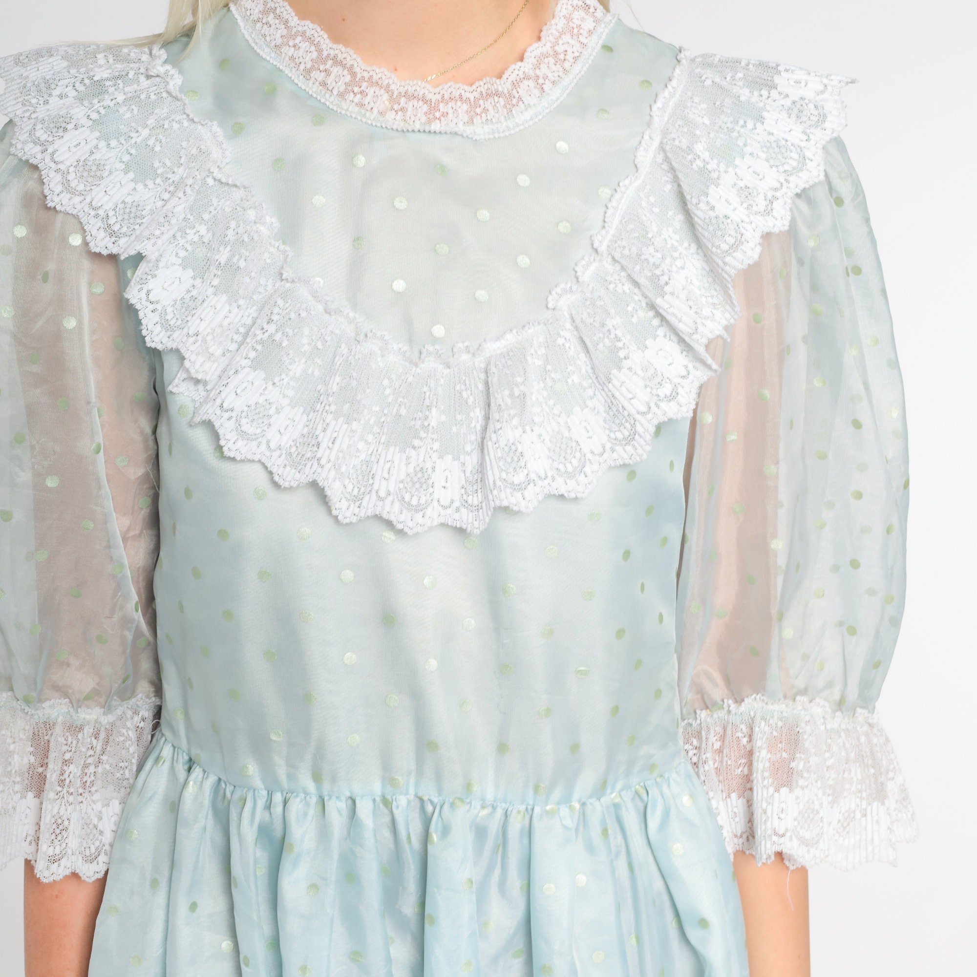 70s Party Dress Baby Blue Mini Dress Sheer Puff Sleeve Lace Ruffle