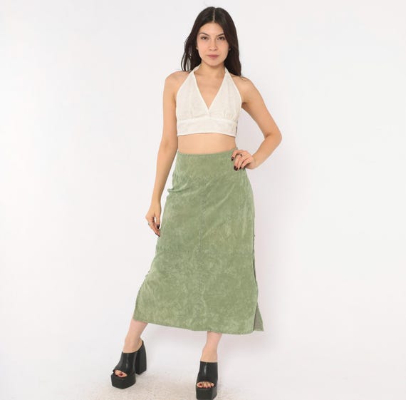 Y2K Mint Green Faux Suede Skirt Canyon Road Whipstitch Sage Straight Knee Length Side Slit Cross Lace Panel Western Vintage Extra Large XL