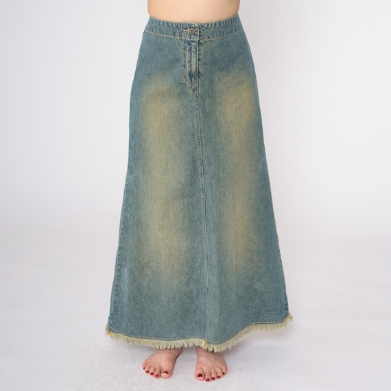 Y2K Denim Maxi Skirt Vintage Wash High Rise Jean Skirt Frayed Trim Rear Slit Retro 2000s Streetwear  Blue A-Line Skirt Boho 2000s Small 6