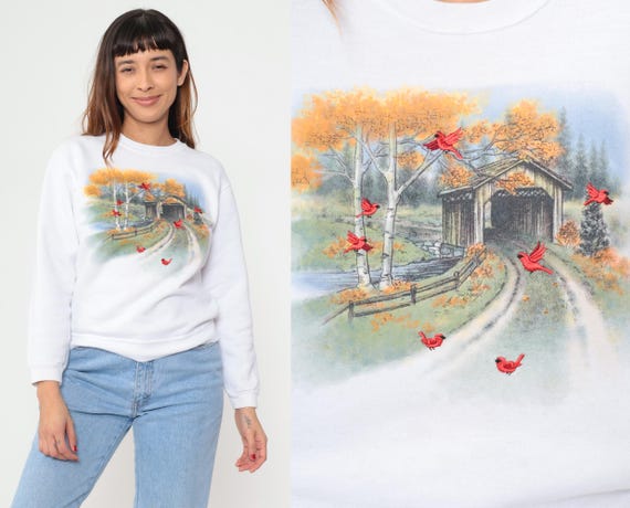 Cardinal Bird Sweatshirt 90s White Covered Bridge Autumn Fall Scene Red Embroidered Applique Cottagecore Fairycore Nature Vintage Small S