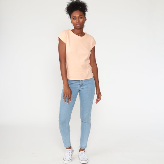 Plain Peach Top 80s TShirt Plain T Shirt 90s Shirt Cap Sleeve Top Retro Tee Vintage Basic Women Short Sleeve Medium