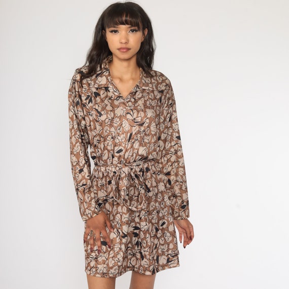 70s Floral Dress Brown Mini Mod Floral Collared Boho Hippie Flower High Waist Bohemian 1970s Vintage Long Sleeve Large L
