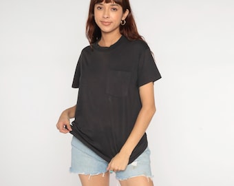 Black Pocket Tee 90s T-Shirt Retro Plain TShirt Solid T Shirt Minimalist Top Basic Shirt Streetwear Vintage 1990s Small Medium S M