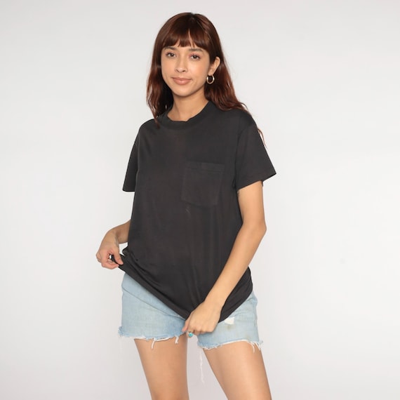 Black Pocket Tee 90s T-Shirt Retro Plain TShirt Solid T Shirt Minimalist Top Basic Shirt Streetwear Vintage 1990s Small Medium S M