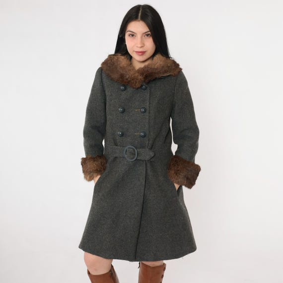 Vintage 60s Wool Pea Coat Fur Collar Mod Peacoat Charcoal Grey Winter Jacket Boho Double Breasted Button Up 1960s Extra Small xs