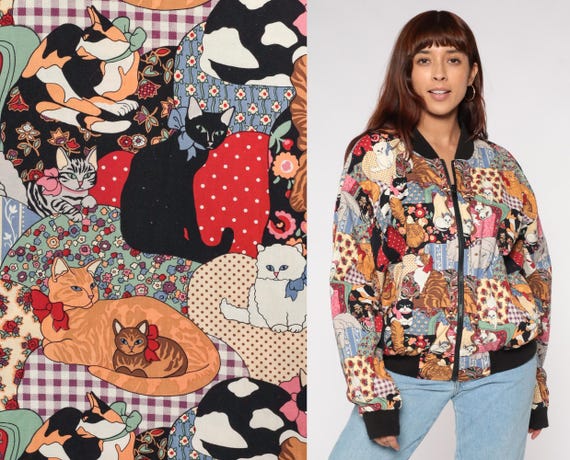 90s Reversible Bomber Jacket Cat and Farm Scenery Print Infinity Chic Cotton Cows Sunflower Barn Roosters Kittens Novelty Pattern One Size
