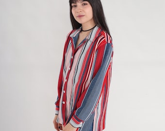Striped Blouse 70s Red White Blue Button Up Shirt Long Sleeve Notched Collar Top Americana Vertical Stripes Boho Vintage 1970s Medium Large