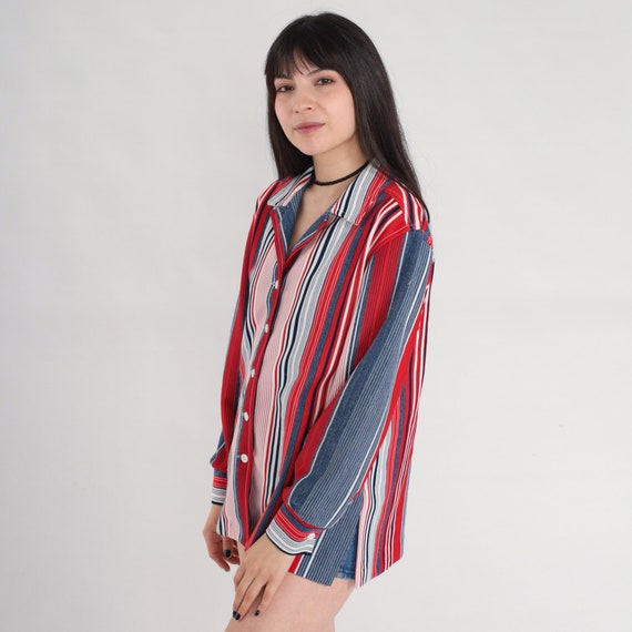 Striped Blouse 70s Red White Blue Button Up Shirt Long Sleeve Notched Collar Top Americana Vertical Stripes Boho Vintage 1970s Medium Large