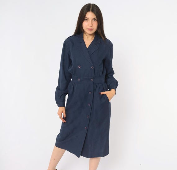 80s Navy Herringbone Midi Dress Double Breasted Button Front Long Sleeve Collared Trench Pockets Office Dark Academia Vintage Medium M