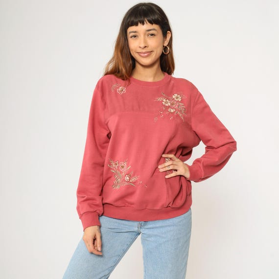 Y2K Embroidered Floral Sweatshirt Coral Pink Beaded Flower Print Graphic Crewneck Vintage 00s Large L