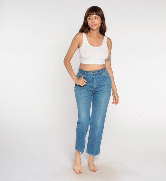Lee Mom Jeans 80s High Waisted Straight Leg Light Blue Denim Cotton Vintage Waist Button Fly Classic Minimal 90s Style Size 13 Petite Medium
