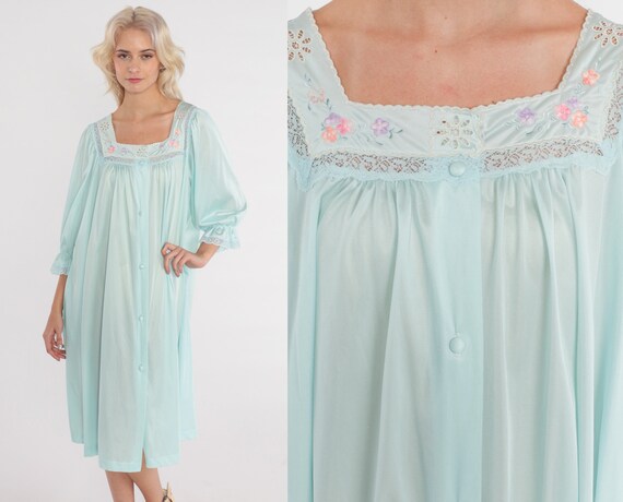 70s Pajama Dress Blue Midi Nightgown Lingerie Dress Button Up Nylon Nightie Lace Trim Floral Embroidered Retro Lounge Vintage 1970s Large L