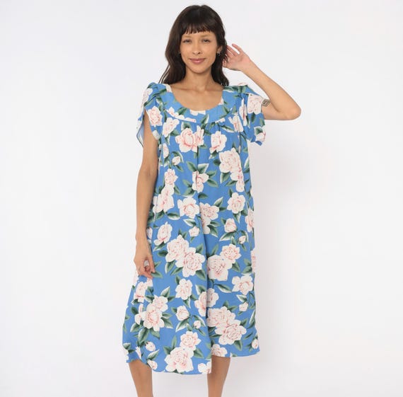 90s Rose Muumuu Blue Pink Floral Puff Sleeve Midi Tent Dress Flutter Cottagecore Summer Loungewear Pullover Paradise Bay Relaxed Fit Large L