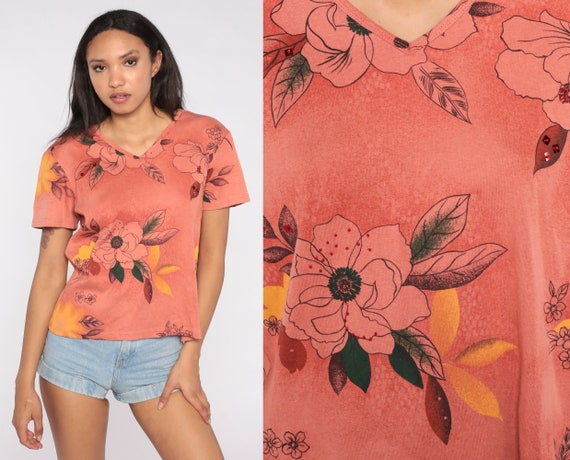 Floral V Neck Shirt 90s T Shirt Boho Flower Print Tee Short Sleeve TShirt Coral Pink Bohemian Retro 1990s Vintage Hippie Top Large L