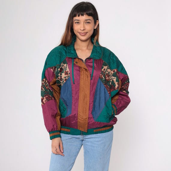 90s Color Block Windbreaker Jacket Quilted Floral Patchwork Jacket Nylon Vintage 1990s Green Raspberry Blue Oversized Large L