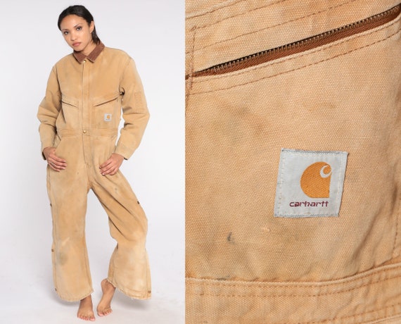Tan Carhartt Coveralls 90s Insulated Jumpsuit Distressed Overalls Pants Work Wear Retro Workwear Long Sleeve Punk Vintage 1990s Mens Small S