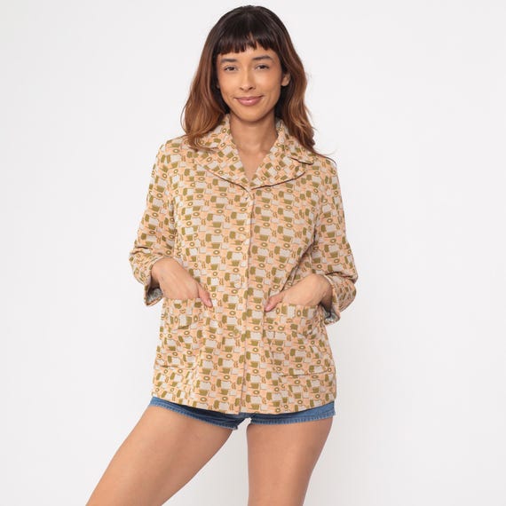 Mod Blazer 70s Vintage Peach Olive Green Geometric Abstract Pattern Button Front Jacket Long Sleeve Collared  Mid Century Modern Medium M